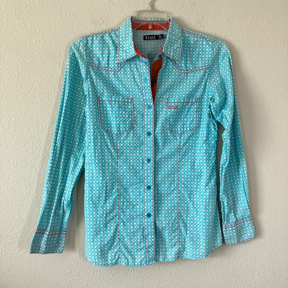 CRUEL GIRL Western Shirt XL Slim Cotton Button Cowgirl Rodeo Festival Aqua Blue